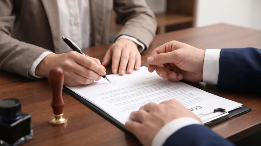 Firma de un contrato de compraventa en una notaría, con manos y papeles sobre el escritorio.
