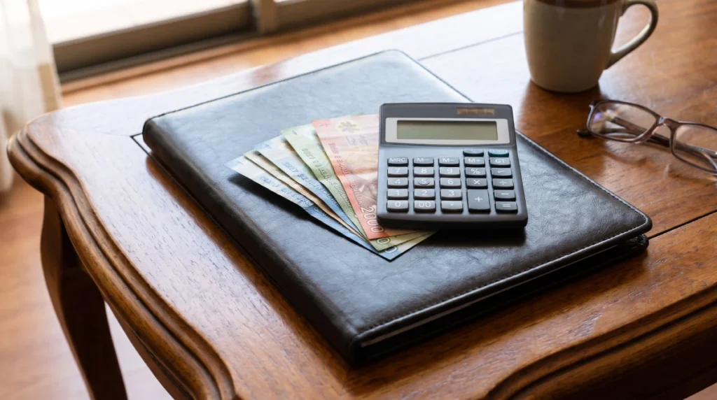 Calculadora y billetes sobre una carpeta para calcular la comisión inmobiliaria con IVA.